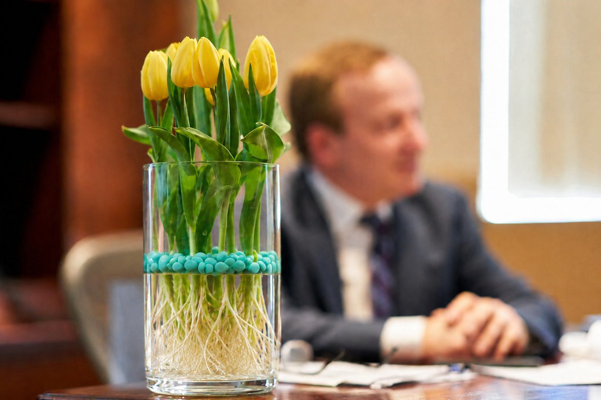 WaterPearls in a glass planter at an RHST presentation